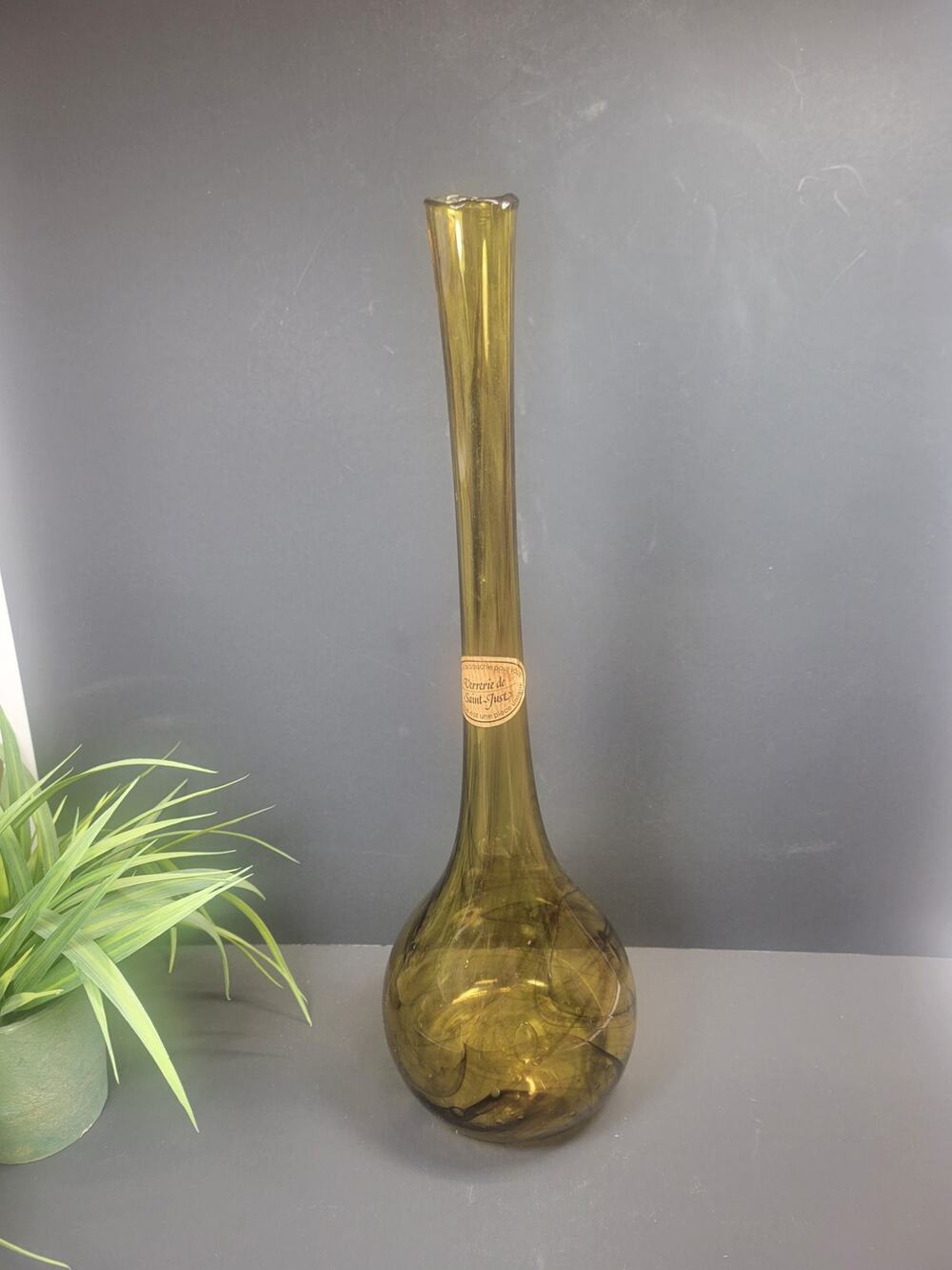 Vintage Verrerie de Saint-Just Blown Glass Vase 17” Tall Narrow Neck Amber Brown